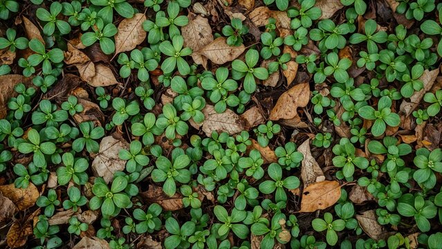 Ground covered by thriving green periwinkle plants intermingled with oak leaf litter in woods.
