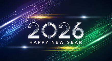 Fototapeta premium Happy New Year 2026 Tech Background - Futuristic Circuit Design