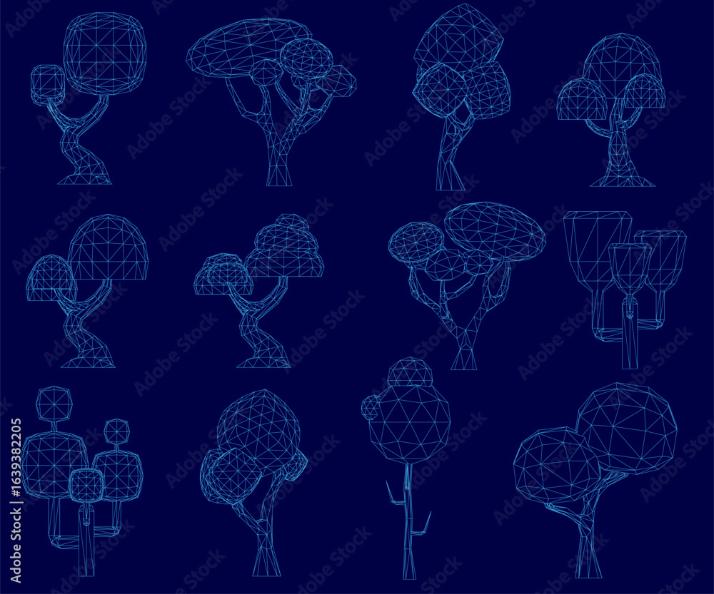 Poster low poly trees arranged symmetrically on a blue background, each with unique wireframe shapes and te