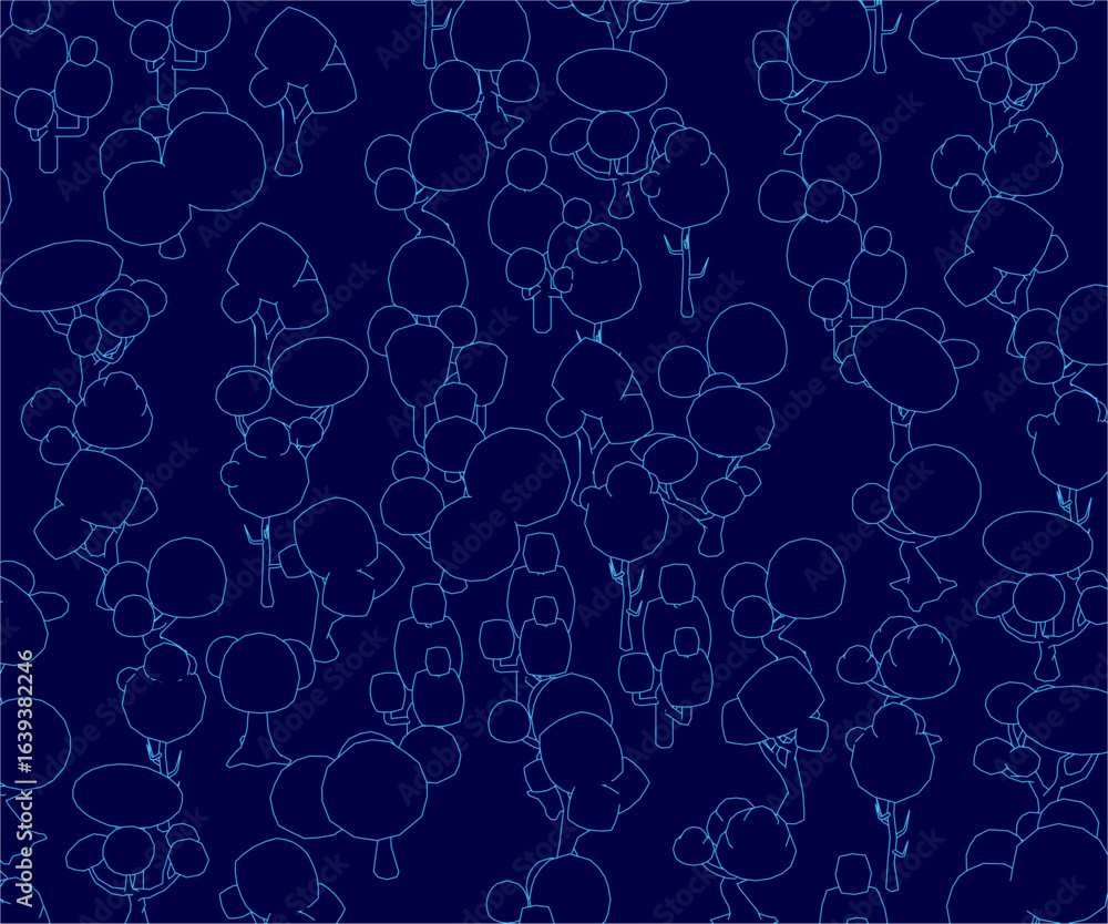 Poster a set of outlined trees stands against a vibrant blue background in a symmetrical pattern. the minim