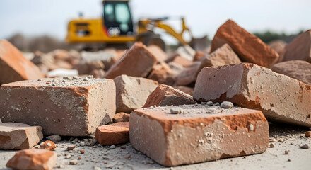 Demolition debris pile of broken red bricks construction site excavator background industrial rubble recycling waste disposal building materials renovation project