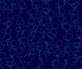 Fototapeta premium A set of outlined trees stands against a vibrant blue background in a symmetrical pattern. The minimalist design features trees of various shapes and sizes, some overlapping for depth