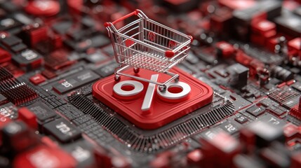 Shopping cart with percentage symbol on a circuit board.