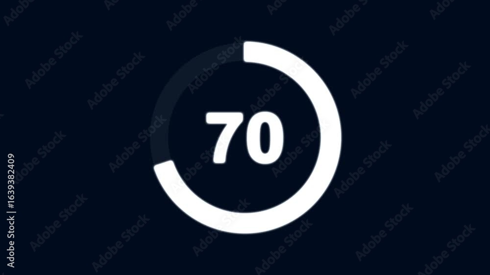 Poster numerical counting from 0 to 70. circular progress bar with bright neon white light , countdown whit