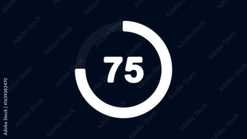Poster numerical counting from 0 to 75. circular progress bar with bright neon white light , countdown whit