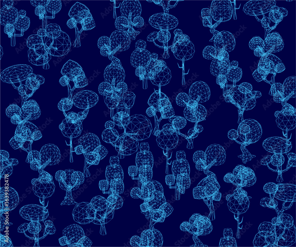 Poster a blue abstract background features intricate wireframe patterns resembling stylized trees. geometri