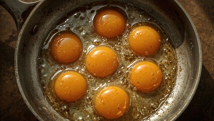 Six eggs cooked in a vintage frying pan