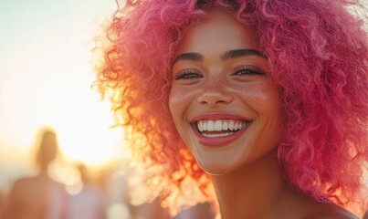 Happy candid mixed-race woman with pink curly afro hair laughing at a summer office party after work drinks. Celebrating Pride at a golden hour event, Generative AI