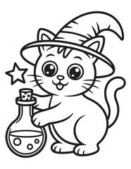 Cute Halloween Cat Wearing a Witch Hat with Pumpkin Basket – Coloring Page for Children