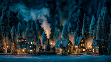 a tiny village on a snowy night filled with smoke coming out of chimneys on christmas day