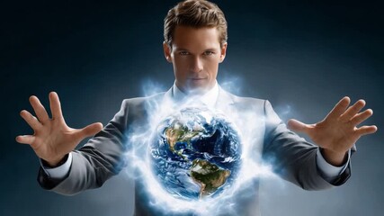 Global Dominance: A determined leader in a professional setting holds the globe in his hands, exuding power and ambition, symbolizing global influence and responsibility.