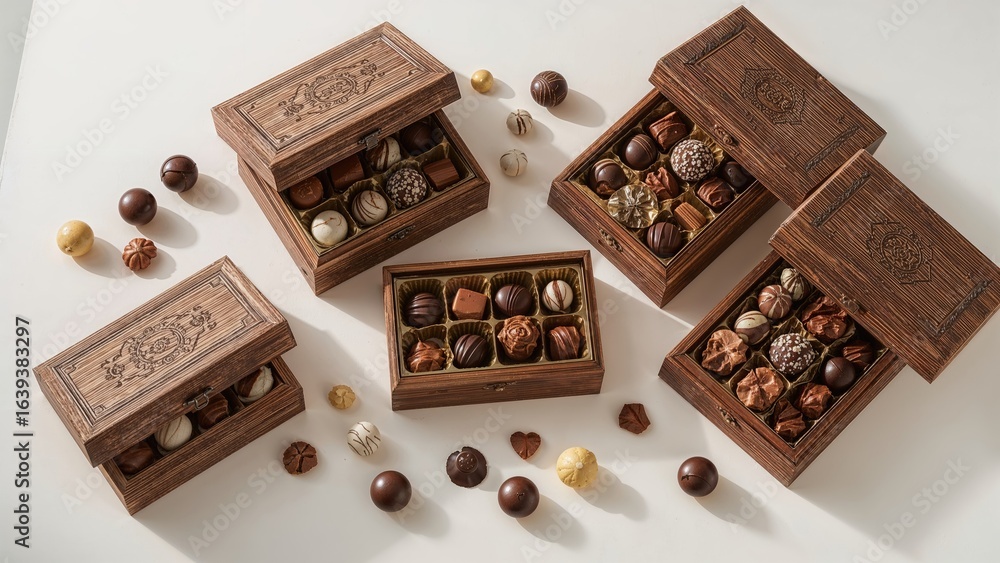 Poster selection of different scrumptious chocolate candies presented in an array of boxes on white