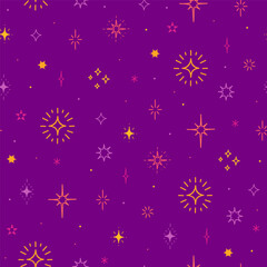 Purple seamless pattern with stars and flashes of different colors. Vector graphics.