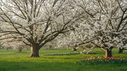 Obraz premium Nature's spring display of trees covered in white floral blooms