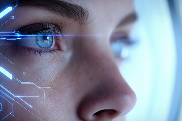 Close-up of a human eye with futuristic digital overlay technology, highlighting innovation in biometric security, artificial intelligence, and augmented reality applications.