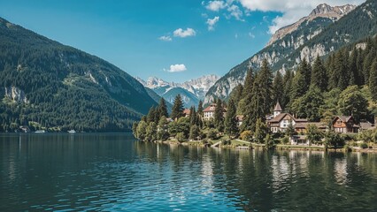 Scenic view of a mountain village by a lake surrounded by lush forest
