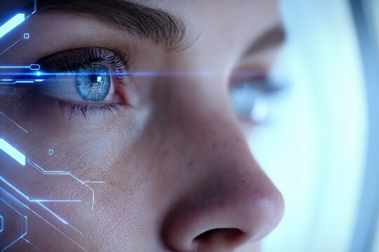 Close-up of a human eye with futuristic digital overlay technology, highlighting innovation in biometric security, artificial intelligence, and augmented reality applications.
