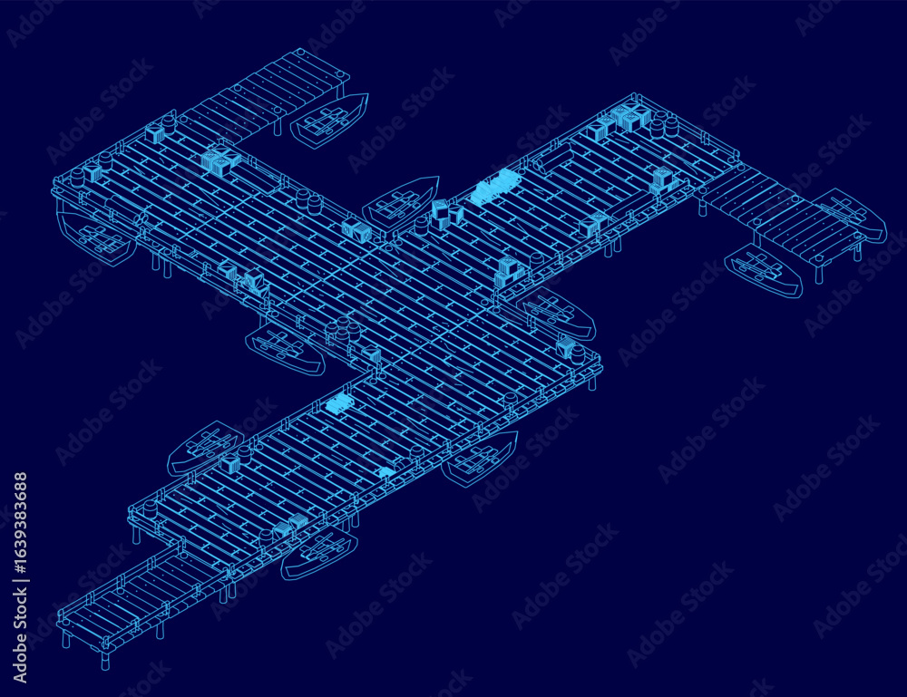 Poster a detailed blueprint of a wooden building with docks, featuring precise contour lines on a blue back
