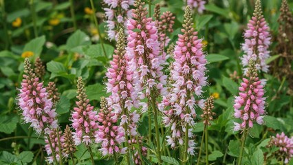 Obraz premium Garden scene featuring meadow-rue with soft pink blooms (Thalictrum aquilegiifolium)