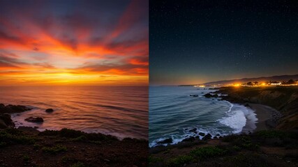 Coastal Sunset to Night: Dramatic Sky and Ocean Views. - Powered by Adobe