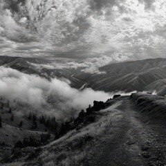 Misty mountain valley sunrise trail landscape panorama