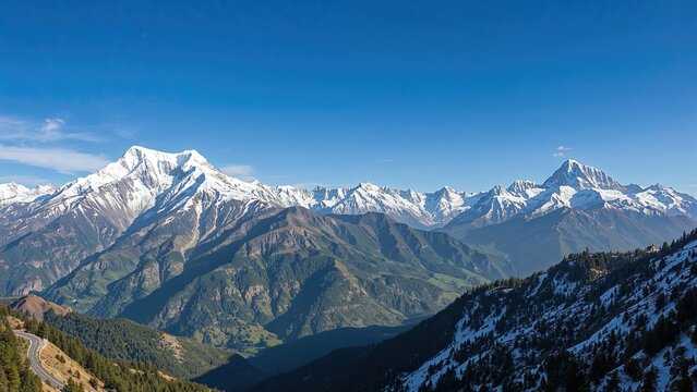 Panoramic vista of the great Himalayan range from a mountain road, featuring Mount Bandarpunch and the Gangotri range