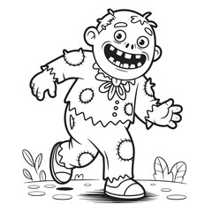 Funny zombie walking with playful grin and messy hair, cute cartoon undead monster line art coloring page
