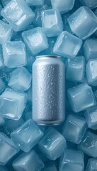 Obraz premium Blank Silver Soda Can Mockup on a Bed of Ice Cubes