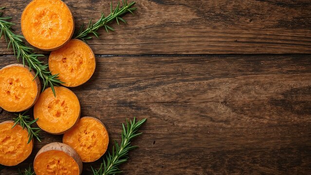 Flat lay image featuring sweet potato slices and sprigs of fresh rosemary on a dark wooden backdrop with text space