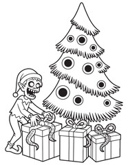 Skeleton decorating spooky Christmas tree with skull ornaments and creepy festive details, coloring page
