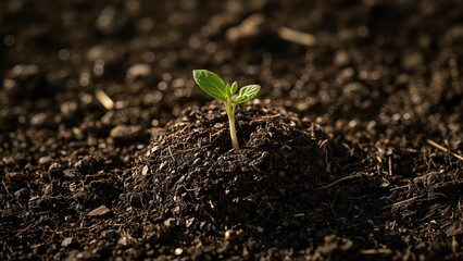 Close-up shot of a tiny green sprout breaking through the soil