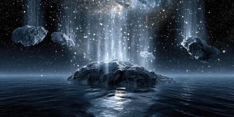 Obraz premium Island pieces hovering in the sky, pouring water into deep space