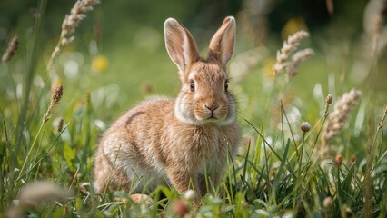 Fototapeta premium Little bunny resting on a grassy field