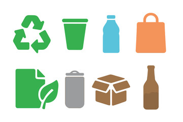 Environmental awareness icons illustrating recycling, waste management, and eco-friendly practices in a simple design layout