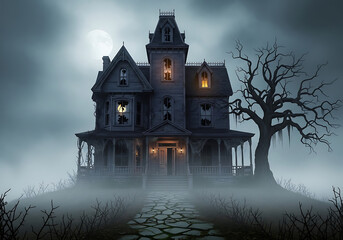 Ominous haunted house shrouded in fog under a full moon with a gnarled tree beside it at night time