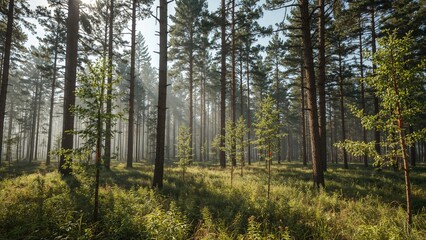 Obraz premium Evergreen and spruce replanting using a marking system in a colorful forest