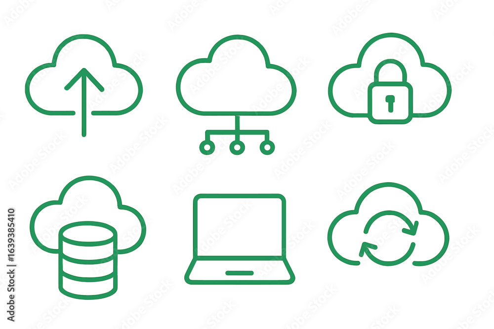 Poster cloud computing icons representing upload, security, storage, and connectivity in a digital environm