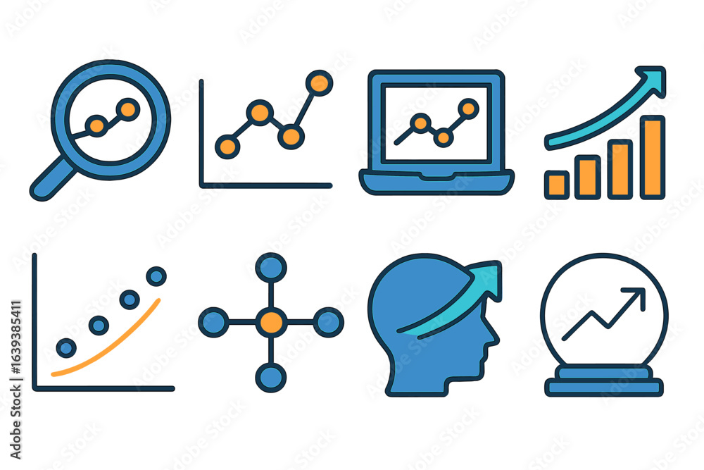 Poster charts and graphs illustrating data analysis concepts with various visual elements and themes