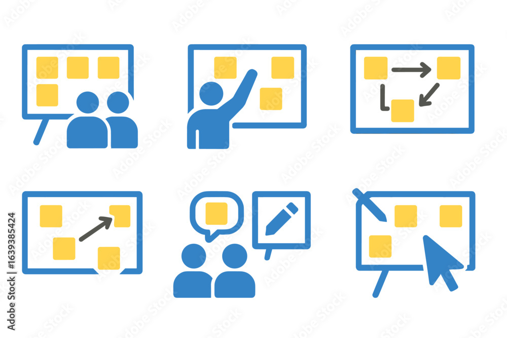 Aufkleber visual representations of collaborative brainstorming and planning activities in a professional sett