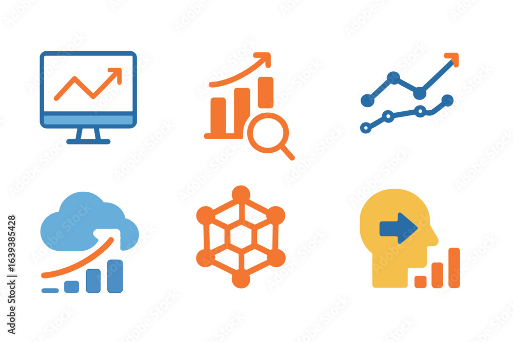 Poster graphs and charts depict data analysis in a digital workspace focused on financial growth and visual