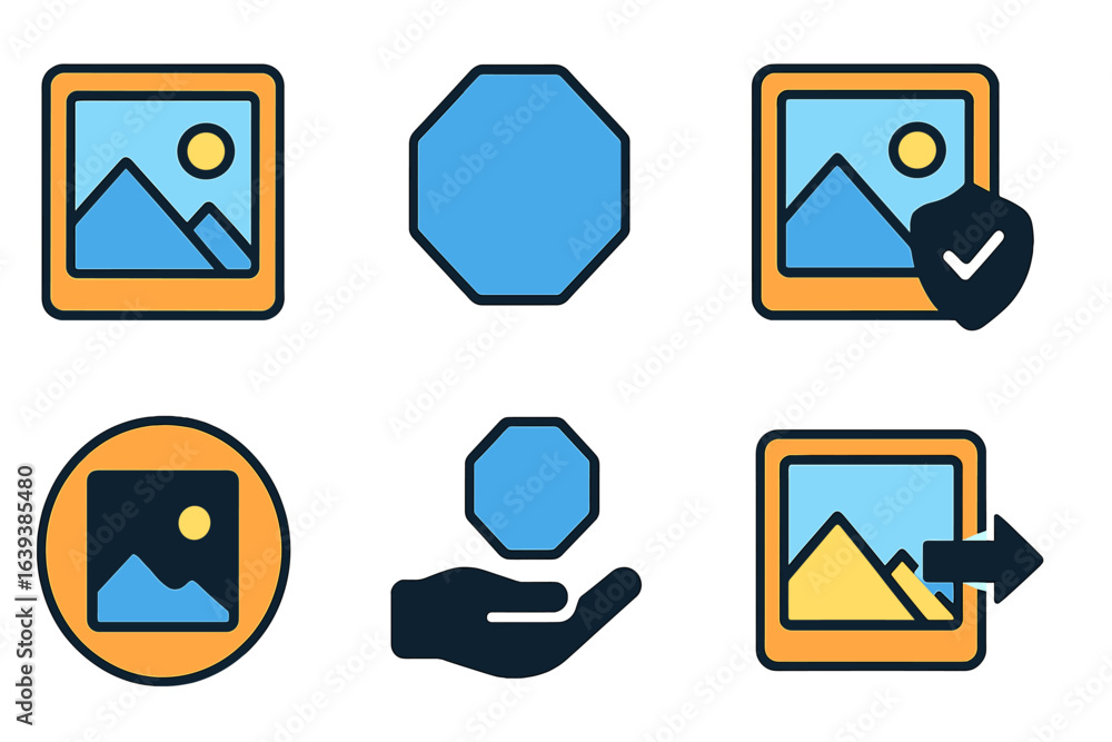 Poster colorful icons representing photography concepts and actions in a minimalistic style