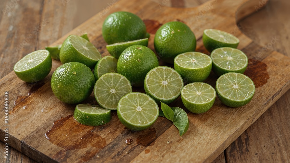 Aufkleber sliced green citrus fruits displayed on a rustic wooden surface with a soft-focus effect.