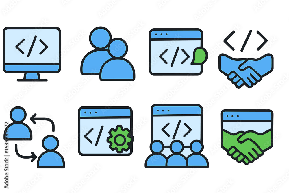 Aufkleber graphic representation of programming concepts including collaboration and coding interactions in a 