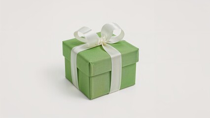 Obraz premium Compact green present with ribbon and bow on a white backdrop.