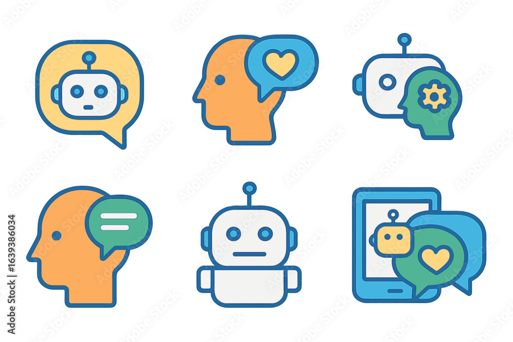 Poster technology icons representing communication between human and robot in a modern digital environment