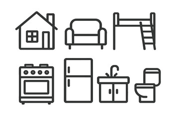 Collection of iconic household items including furniture and appliances displayed in a clean layout