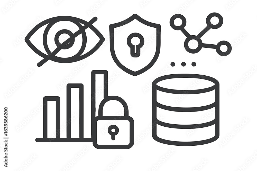 Poster visual representation of data security concepts including encryption, privacy, and data analysis tec