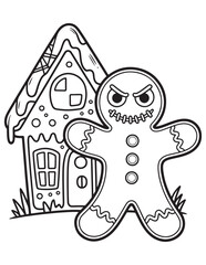 Angry Gingerbread Man Haunted House Line Art Illustration