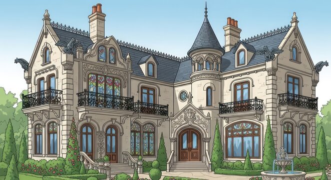Illustrated Gothic Mansion with Gargoyles, Turret, and Stained Glass Windows