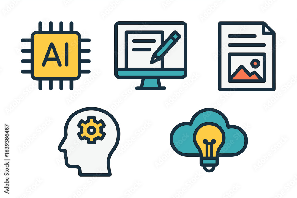 Poster tools and concepts illustrating artificial intelligence, creativity, and digital processes in a mode